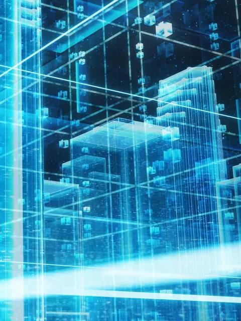 A bright, abstract digital illustration showing a cityscape constructed of glowing blue lines and blocks, with data streams and light beams radiating outward.
