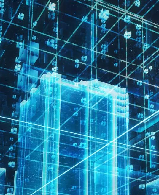 A bright, abstract digital illustration showing a cityscape constructed of glowing blue lines and blocks, with data streams and light beams radiating outward.