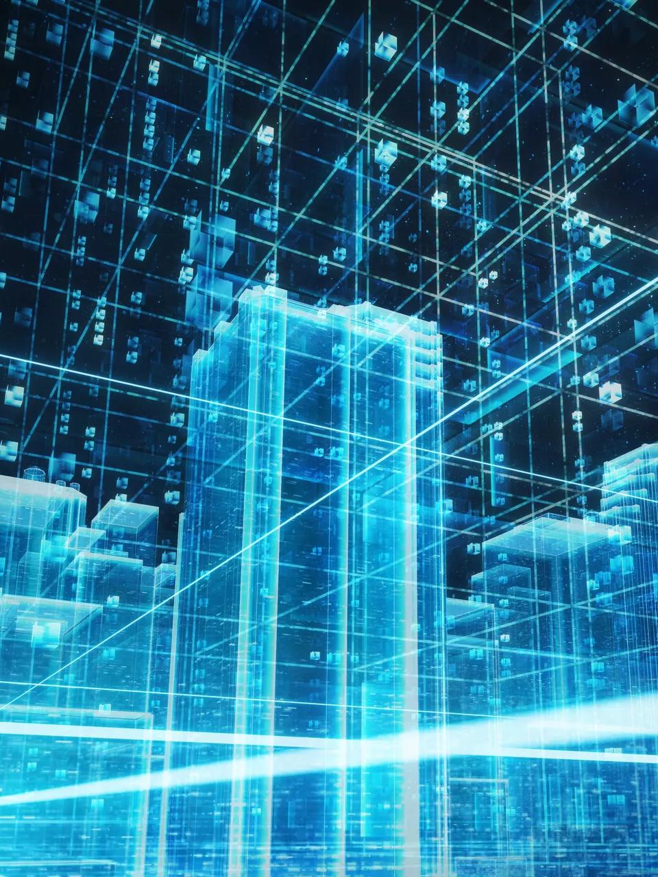 A bright, abstract digital illustration showing a cityscape constructed of glowing blue lines and blocks, with data streams and light beams radiating outward.