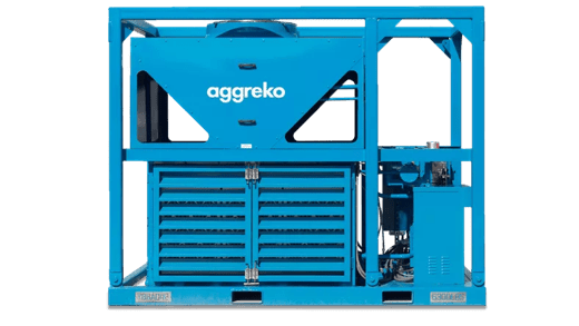 A blue 30 35 ton industrial air conditioner with ventilation openings, two circular access panels, and branding from Aggreko.