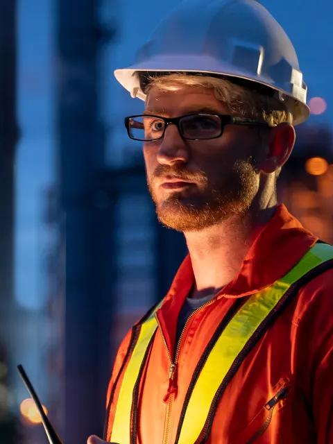 Travailleur en uniforme avec une raffinerie en arrière-plan.