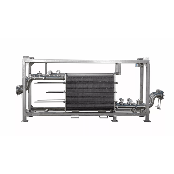Industrial heat exchanger with a metal frame and multiple pipes, featuring gauges and valves for temperature and pressure regulation.