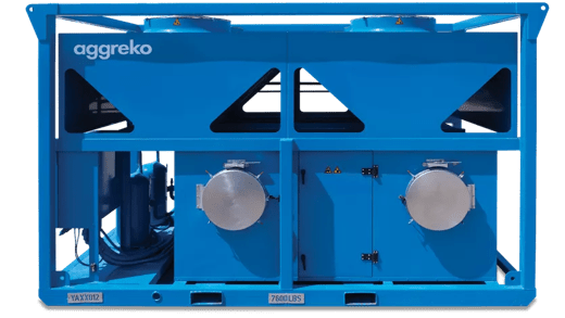 Blue air conditioner with cooling units, featuring two large silver access doors and the brand name Aggreko on top.