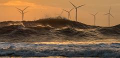Wind turbines at sunrise off the North East coast