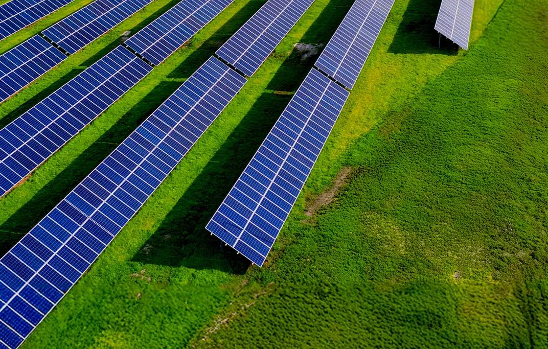 Aerial view of multiple diagonal rows of solar panels. 