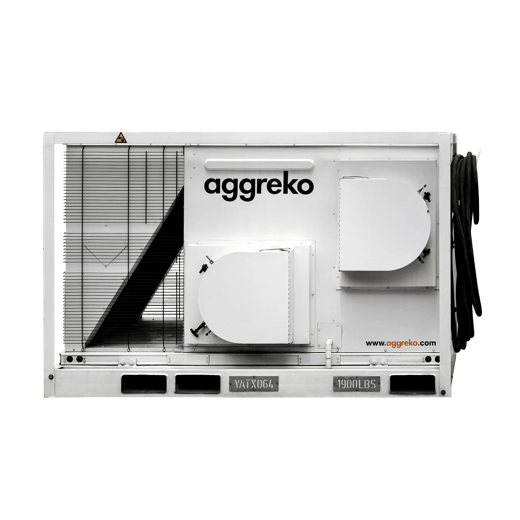 A large, industrial cooling unit with vents and control panel, featuring the Aggreko logo.