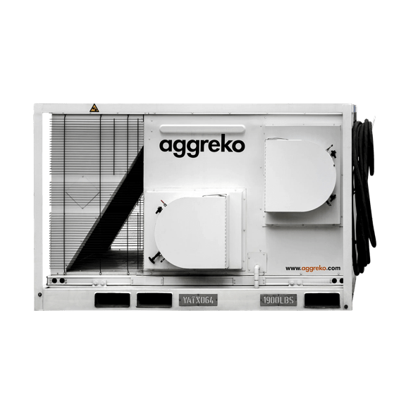 A large, industrial cooling unit with vents and control panel, featuring the Aggreko logo.