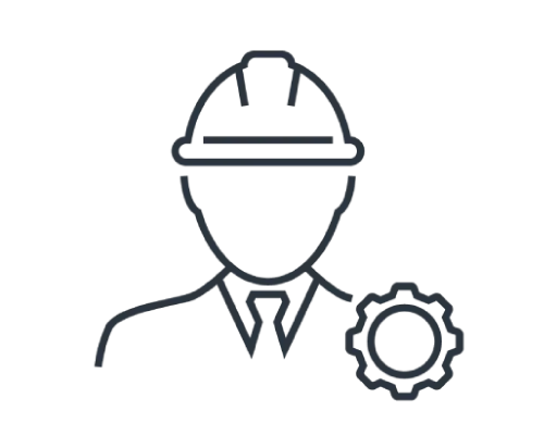 Icon of a worker wearing a hard hat with a small gear beside them.