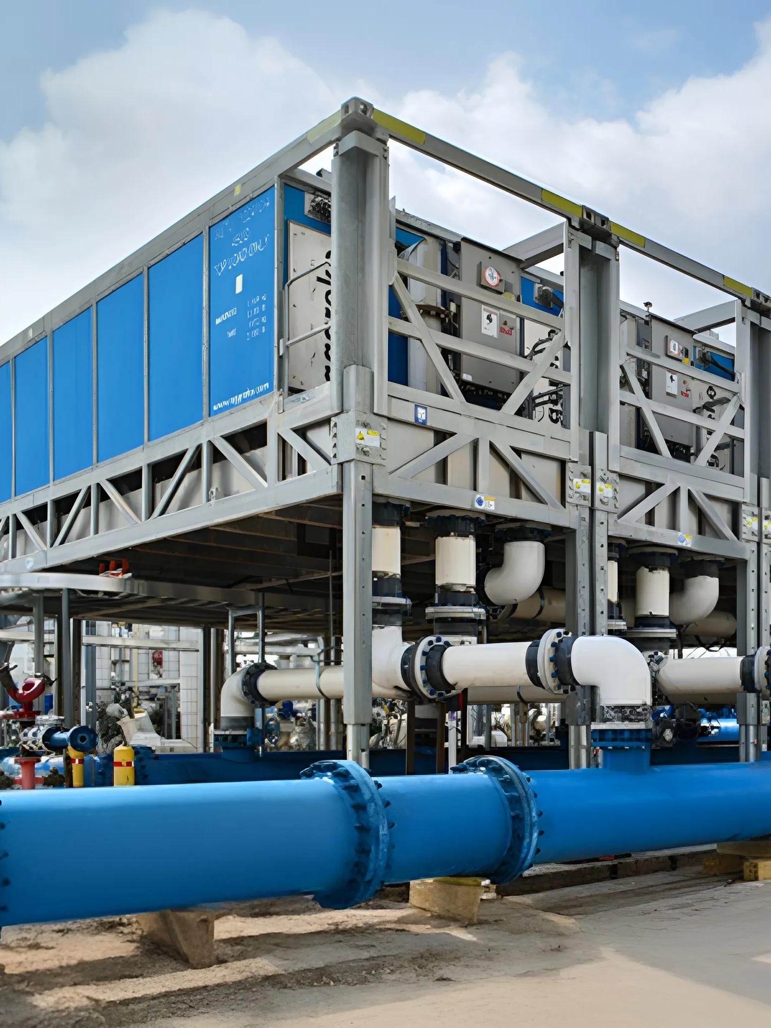 Ground view of a large, blue containerized unit with blue-tinted panels, sitting on an elevated metal support structure outdoors.