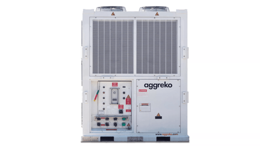 A large, industrial cooling unit with vents and control panel, featuring the Aggreko logo.