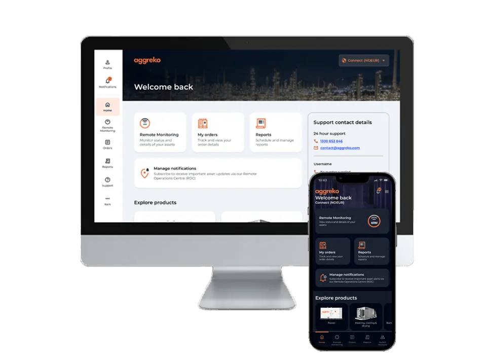 A smartphone and a computer monitor displaying the Aggreko app.