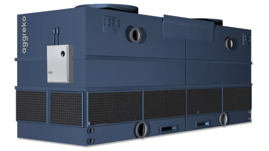 A 500 ton cooling tower with branding, featuring a control panel and mechanical components.