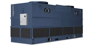 A large, dark blue Aggreko industrial unit with multiple ventilation grilles along the bottom, various ports, and a small silver control box mounted on the front.