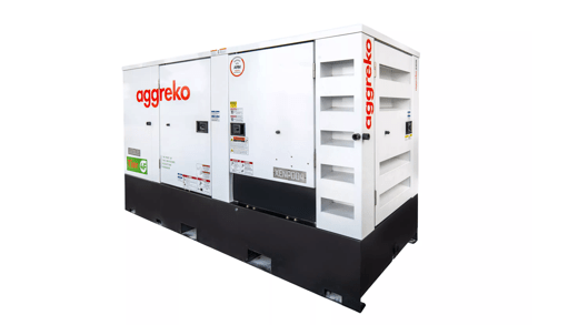 A white and orange 100kw Diesel Generator with "Aggreko" branding, featuring labels and a black base, indicating it meets Tier 4 emissions standards.