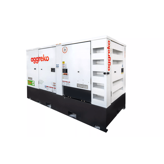 A white and orange 100kw Diesel Generator with "Aggreko" branding, featuring labels and a black base, indicating it meets Tier 4 emissions standards.