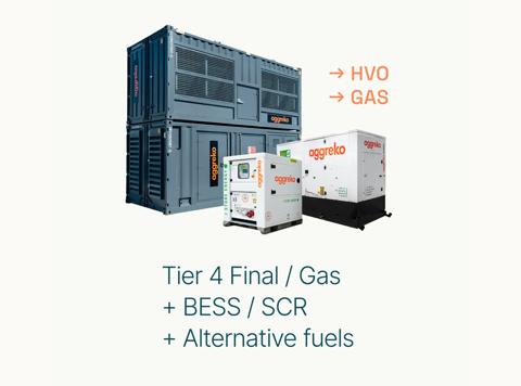 A large, stacked grey Aggreko container unit beside two smaller white Aggreko generators.