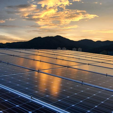 Solar plant at evening twilight