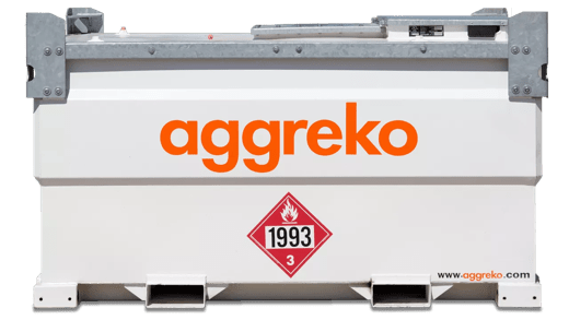 White fuel tank with "Aggreko" logo and safety warning.