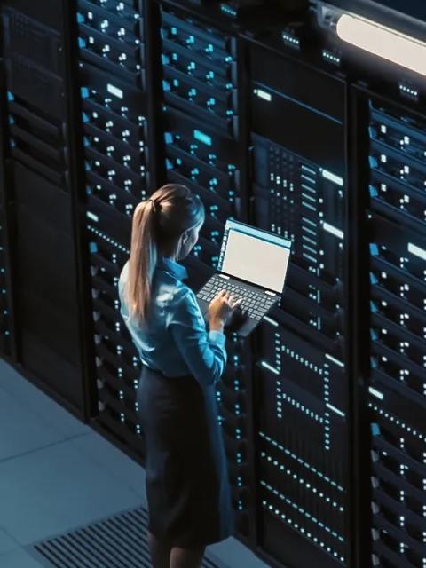 A high-angle, wide shot inside a vast data center showing countless rows of tall, dark server racks. A woman stands in the foreground, facing the racks while holding a laptop and troubleshooting.