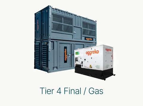 A large, stacked grey Aggreko container unit beside a smaller white Aggreko generator.