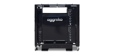 A black Aggreko transformer with a white background.