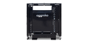 A black Aggreko transformer with visible connectors, featuring the 