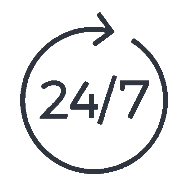 Icon of 24/7 circled by an arrow pointing right.
