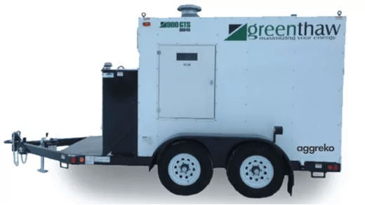 A white trailer with a black section, featuring branding from "Greenthaw" and "Aggreko", used for energy solutions.