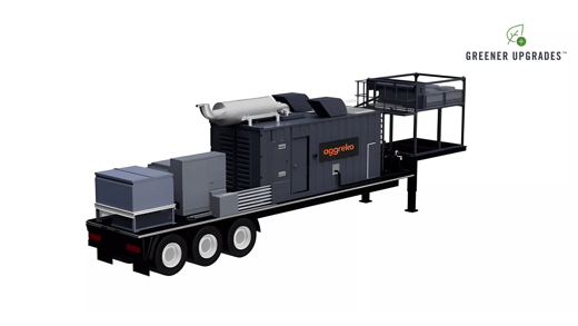 A black and gray mobile generator with various equipment, mounted on wheels, featuring a logo and "Greener Upgrades" branding.