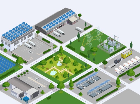 A colored isometric line-art diagram illustrating an industrial park with various energy systems.