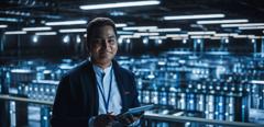 Handsome Smiling IT Specialist Using Tablet Computer in Data Center, Looking at Camera. Succesful Businessman and e-Business Entrepreneur Overlooking Server Farm Cloud Computing Facility.