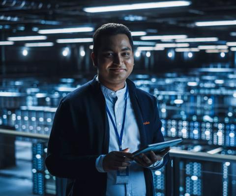 Handsome Smiling IT Specialist Using Tablet Computer in Data Center, Looking at Camera. Succesful Businessman and e-Business Entrepreneur Overlooking Server Farm Cloud Computing Facility.