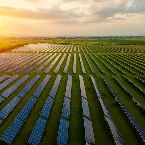 An aerial view of a large utility-scale solar project with extensive rows of solar panels covering the left half of the image in a dry, open field. On the right, a complex electrical substation with large metal structures and transformers, with a white truck parked inside the fenced perimeter.