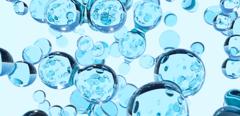 Digital generated image of transparent blue hydrogen atoms against white background. Sustainable energy concept.