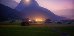 Peak of Zugspitze. Rural scene near Garmisch-Partenkirchen. Long exposure photo