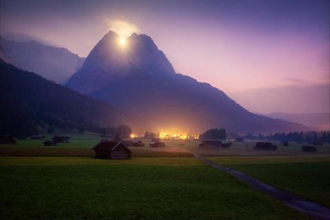 Peak of Zugspitze. Rural scene near Garmisch-Partenkirchen. Long exposure photo
