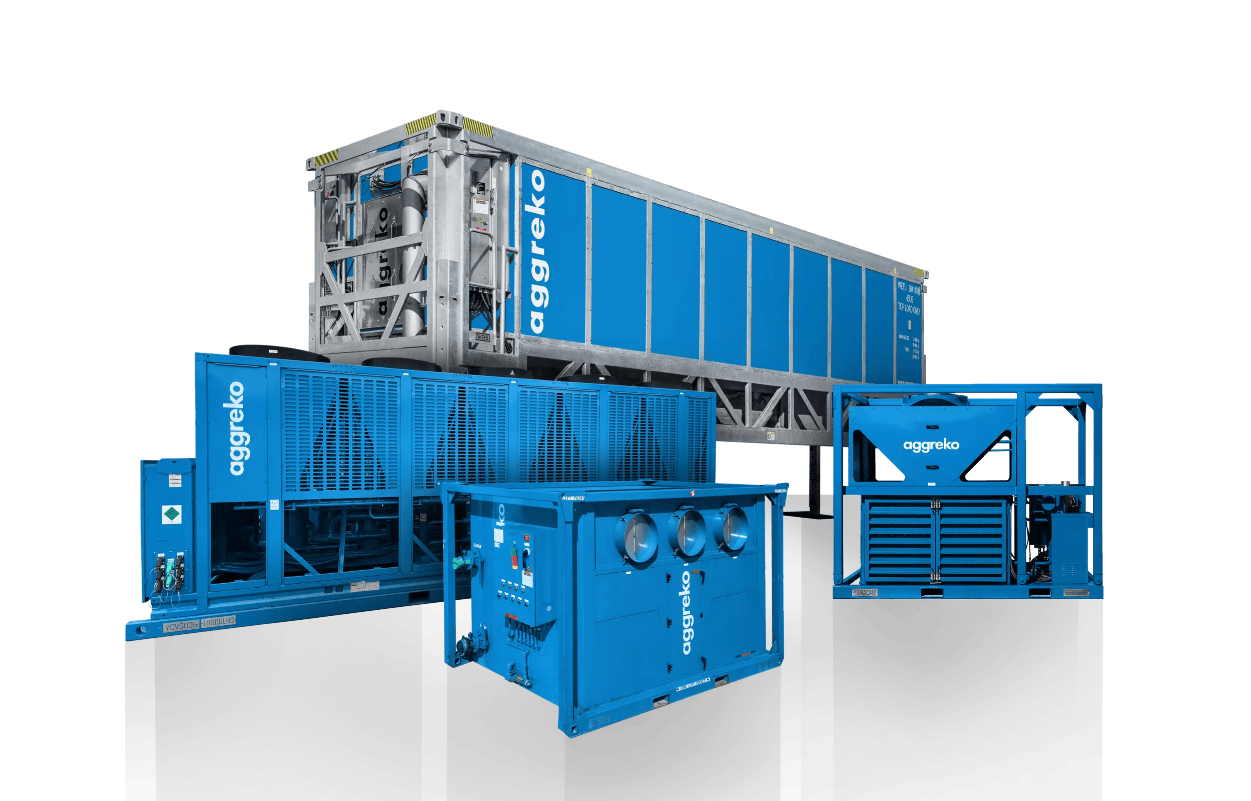 Fleet of various blue Aggreko industrial equipment.