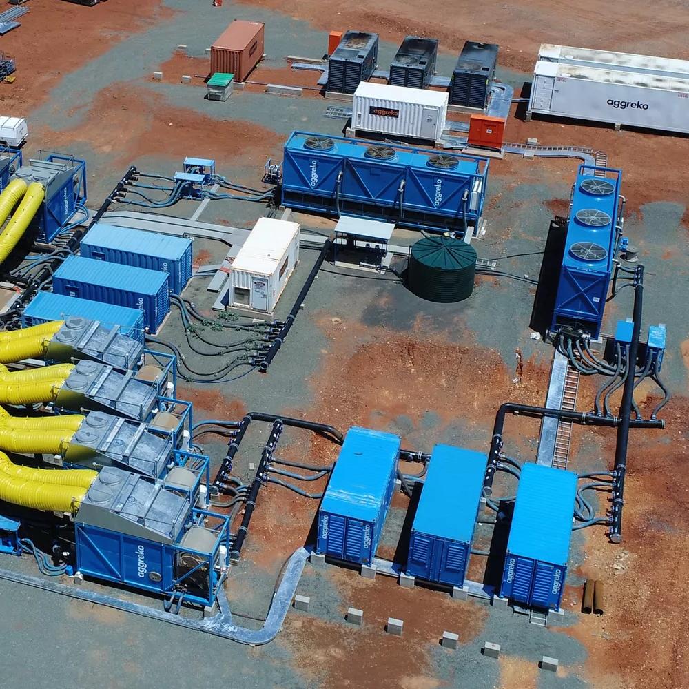 Aerial view of industrial cooling equipment at a remote site.