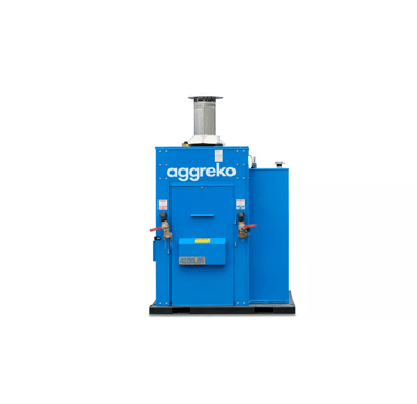 Blue hydronic heater with Aggreko branding, featuring a front access door and exhaust pipe on top.