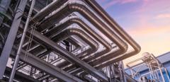 pipeline of oil and gas at industry zone.The pipe of factory ,Close-up of industrial steel pipelines at oil-refinery plant and sky