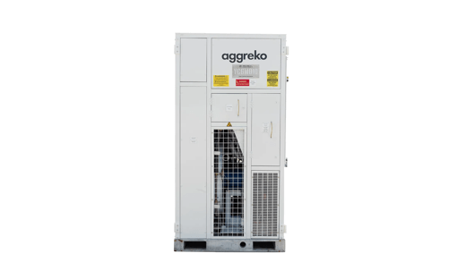 A white industrial unit with the Aggreko logo, featuring warning labels and a vented section at the bottom