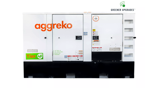 A white and orange 100kw Diesel Generator with "Aggreko" branding, featuring labels and a black base, indicating it meets Tier 4 emissions standards.