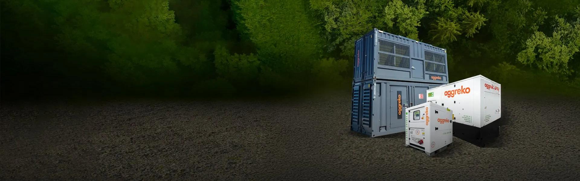 Aggreko power generation equipment in various sizes at an outdoor site.