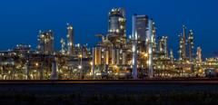 modern refinery illuminated at dusk, Netherlands, Benelux, Europe, long exposure with tripod, 50,3 Megapixel image from Canon 5 Ds