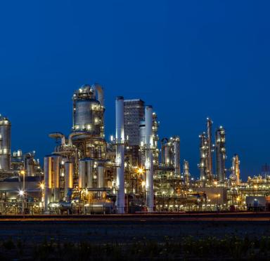 modern refinery illuminated at dusk, Netherlands, Benelux, Europe, long exposure with tripod, 50,3 Megapixel image from Canon 5 Ds