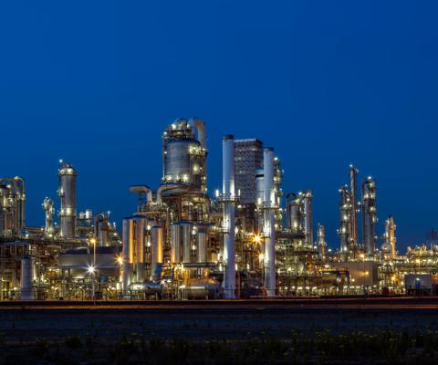 modern refinery illuminated at dusk, Netherlands, Benelux, Europe, long exposure with tripod, 50,3 Megapixel image from Canon 5 Ds