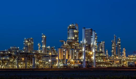 modern refinery illuminated at dusk, Netherlands, Benelux, Europe, long exposure with tripod, 50,3 Megapixel image from Canon 5 Ds