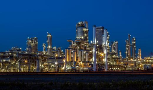 modern refinery illuminated at dusk, Netherlands, Benelux, Europe, long exposure with tripod, 50,3 Megapixel image from Canon 5 Ds