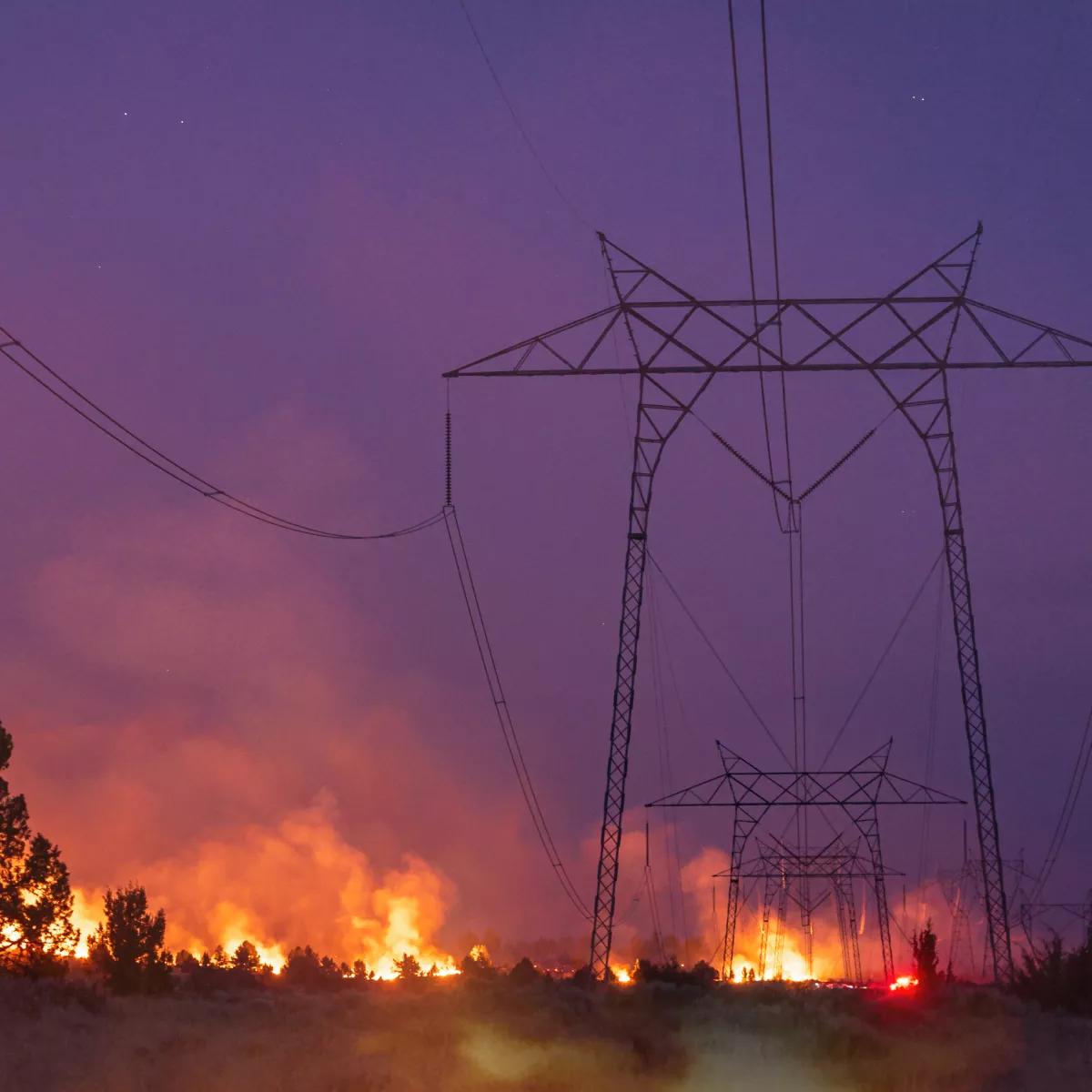 A wildfire illuminates a landscape at dusk, with flames and smoke rising among trees, pylons and power lines against a purple sky.