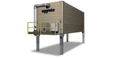 An elevated, beige Aggreko cooling tower AG10 1000 unit, sitting on four large gray metal legs, with a yellow safety railing, and a thick gray pipe connected to its left side.